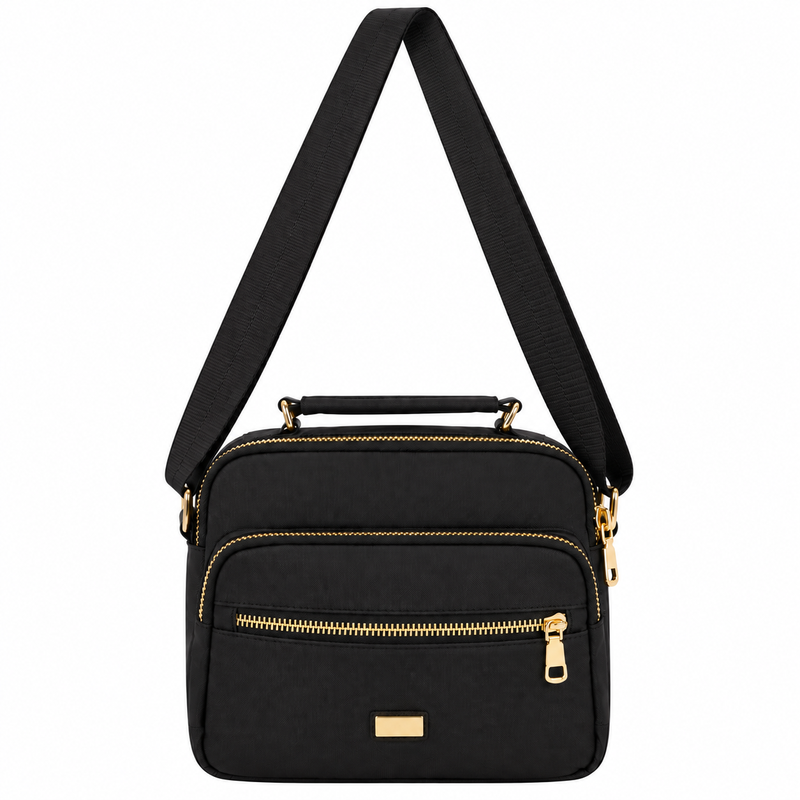 (image for) 2434 Black Polyester Multi Zip X-Body Bag With Top Handle (New)